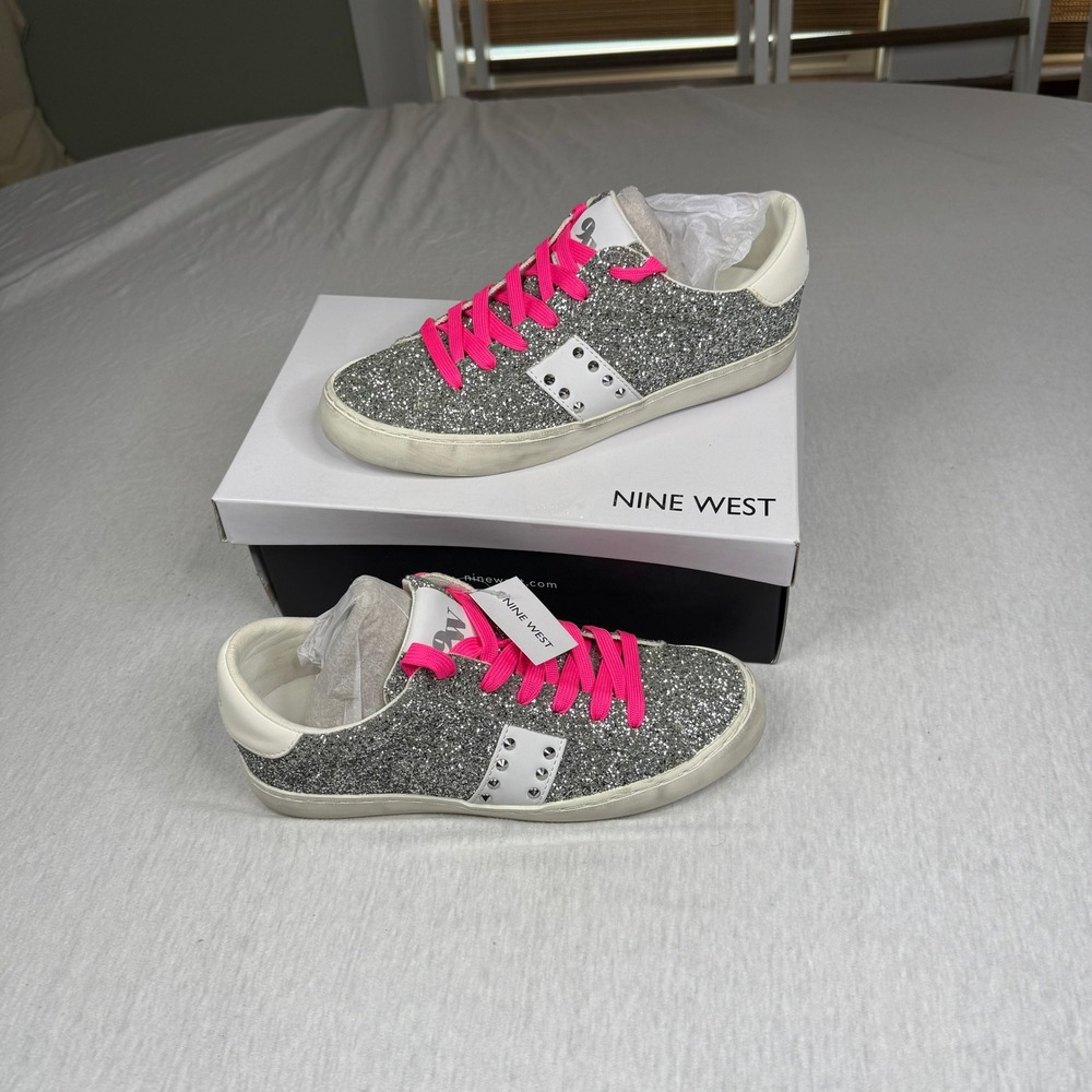 Nine West Women Sparkle Glitter Low Top Sneakers Pink Laces‎ Size 9.5M